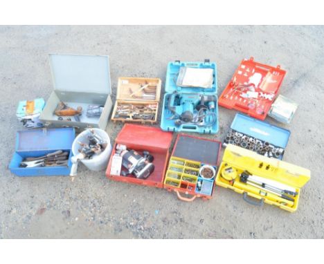 Collection of previously used workshop tools to include air tools and welding equipment, a Challenge router with routing bits