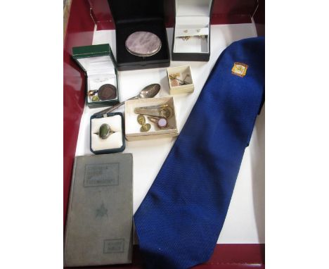 Collection of Mason related items including a tie embroidered  'St John Crofthead', a yellow metal compass and square ring, a