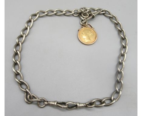 Victorian 1870 sovereign in 9ct yellow gold mount, stamped 9ct, on hallmarked Sterling silver double albert chain, 68.0g 