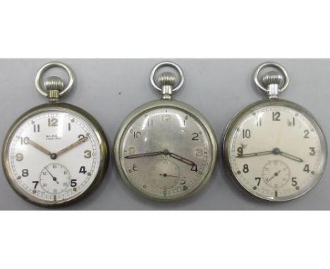 WWII Buren Grand Prix G.S.T.P. military issue keyless pocket watch, signed white enamel dial with subsidiary seconds, snap on