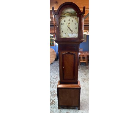Long case oak and mahogany inlay clock with column design hood, attributed  to ‘ M. Johnson Barnards Castle’ pendulum and wei