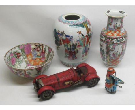 C20th oriental bowl, vase and jar (missing lid), tinplate red car and a tin plate clockwork toy of a seal with ball (5) 