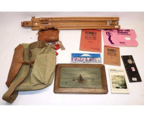 Windsor &amp; Newton beech artist's easel, two Rowney sketch pads, japanned artist's pallet, artist's canvas and leather satc