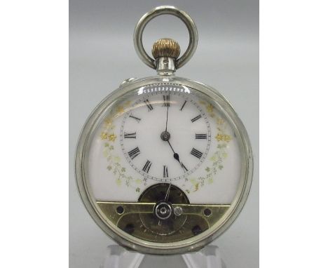 Hebdomas type 8 day silver keyless pin set open faced pocket watch, white enamel Roman dial with visible escapement, hinged c