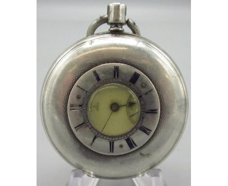 Barraud &amp; Lunds silver key wound half hunter pocket watch, signed white enamel dial with subsidiary second, double bottom