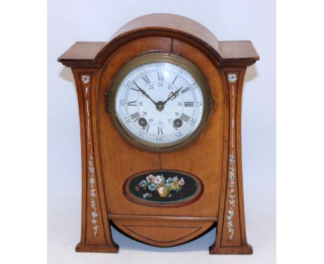 C19th continental Art Nouveau mahogany mantel clock with painted decoration, brass bezel enclosing 4 1/2" white enamel Roman 
