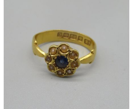 22ct yellow gold blue stone and seed pearl cluster ring, stamped 22ct, size M, 3.43g 