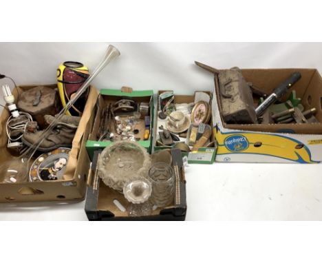 Various collectables incl. a Black Forest style desk blotter, trench art style wooden model tank, Sunspring push along metal 