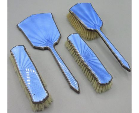 Four Piece Art Deco blue enamel and silver dressing table set incl. three brushes and a hand mirror, by Adie Brothers Ltd, Bi