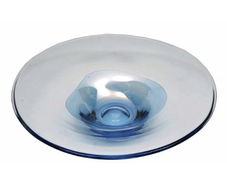 A LARGE CIRCULAR LIGHT BLUE GLASS BOWL 'Kenneth Turner', London, 45.5cm wide 