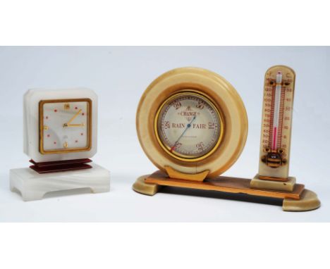 AN EARLY 20TH CENTURY SHORT AND MASON BRITISH MADE ESQ BAROMETER AND THERMOMETER, 16cm wide and an Asprey white onyx cased ma