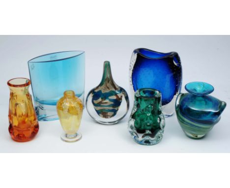 A SMALL MEDINA TYPE AXE HEAD VASE, 19cm tall,  together with a Liskeard green textured glass vase, a further Medina vase, Ara