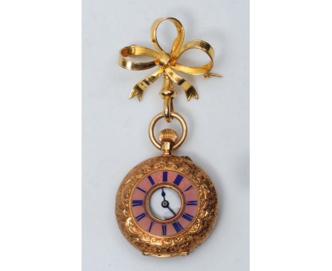 A CONTINENTAL 18 CARAT GOLD LADIES POCKET WATCH the enamel dial with Roman numerals, the case and outer cover with engraved d