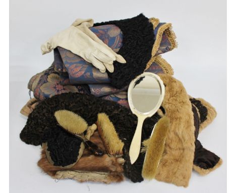 A QUANTITY OF FUR ITEMS to include Persian lambswool and a collection of ladies gloves together with tortoiseshell brushes et