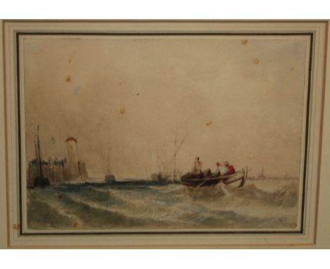 ALFRED GOMMERSALL VICKERS (1810-1837)Seascape with three men in a boat, inscribed with artist name verso, watercolour, 14 x 2