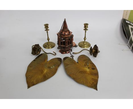 AN ANTIQUE COPPER TABERNACLE LAMP with pierced and embossed decoration together with two brass lily pad wall sconces and a pa