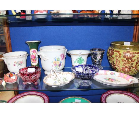 A HEREND PORCELAIN VASE together with three Royal Crown Derby porcelain bird paperweights, a Spode Stafford flowers pattern d