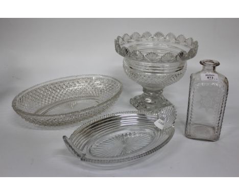 A VICTORIAN HOBNAIL CUT GLASS BOWL with faceted stem and square stepped base, 22cm diameter together with a brandy decanter (