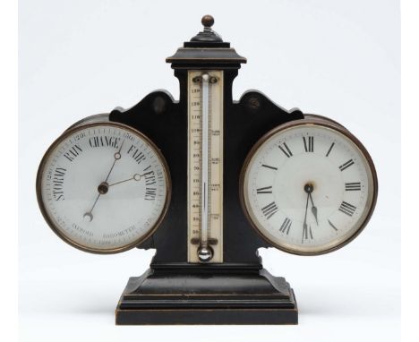A 19TH CENTURY DESK TOP BAROMETER, thermometer and timepiece on an ebonised pine stand, 24cm wide 