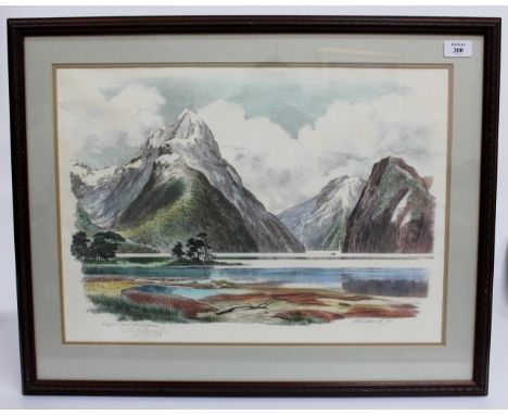 AFTER PETER ARNOLDSMILFORD SOUND, NEW ZEALAND, print in colours, pencil signed in the margin and dated 22nd Feb 1989, 38cm x 