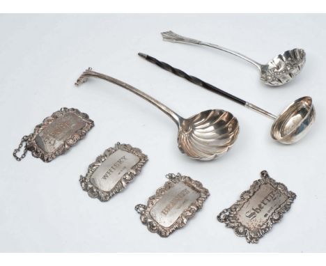 A GEORGIAN SILVER SAUCE LADLE with shell shaped bowl (marks rubbed) together with a Victorian sugar sifter, a small silver to