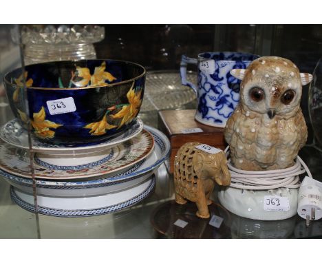 A CAPO DE MONTE PORCELAIN OWL TABLE LAMP with glass eyes, 23.5cm high together with a walnut box and further ornaments to inc