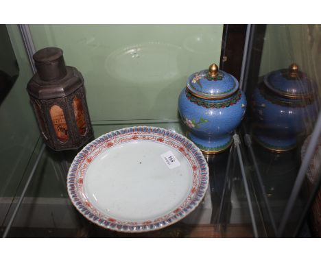 AN 18TH CENTURY CHINESE PLATE incised with chrysanthemum decoration together with pewter tea caddy, a small cloisonne vase an