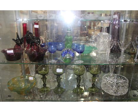 A COLLECTION OF GLASSWARE to include a cut glass decanter, a pair of Banbury glass bowls, art glass vase, etc.