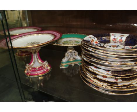A PAIR OF MID 19TH CENTURY, POSSIBLY COALPORT, PINK GLAZED COMPORTS each 27cm diameter together with a Royal Worcester green 