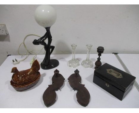 A collection of interesting items including a pair of eastern sandals, art deco style lamp, jewellery box etc.