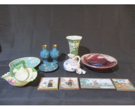 A collection of china including Delft tiles and pottery, pair of eastern style vases. a ceramic bowl signed Peter Daniels etc