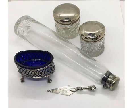 A hunting style glass flask with silver plated top, marked Fisher, 188 Strand, London, along with two silver topped pots, a s