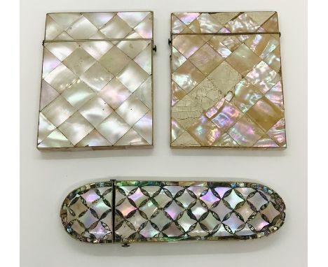 A mother of pearl card case along with one other (A/F) and a mother of pearl spectacle case (A/F)