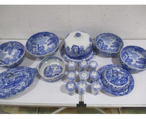 A collection of Spode Copeland Blue Italian including a muffin dish with lid, cheese dome, meat plate with lid, various sized