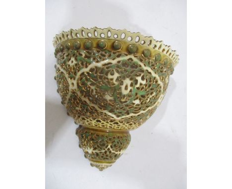 A Zsolnay wall bracket with Moorish influenced decoration, restored to pierced decoration at top, 19.5 cm height