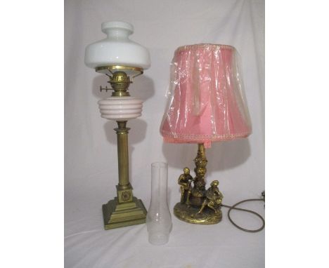 A Victorian oil lamp with glass shade on brass base along with one other
