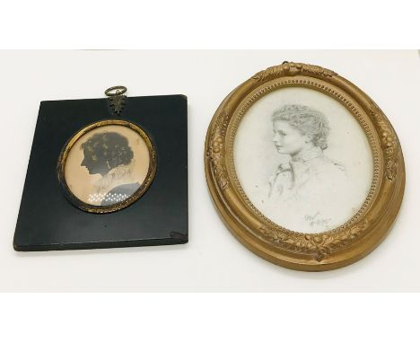 A small oval pencil portrait of a young lady monogrammed and dated 9.3.95 along with a hand painted silhouette, annotation to