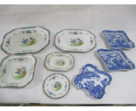 A collection of five pieces of Copeland Spode Dragon Urn pattern including meat platters, along with three willow tree dishes