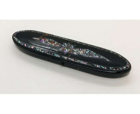 A velvet lined Victorian paper maché spectacle case decorated with mother of pearl