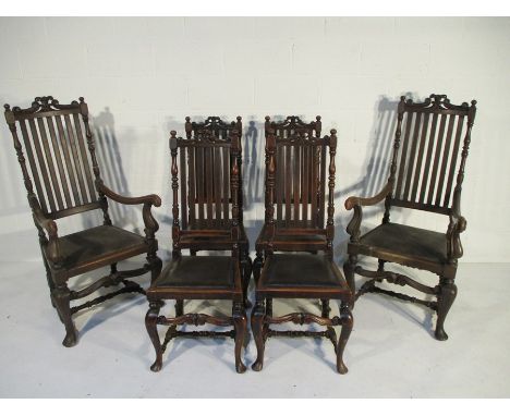 A set of six Victorian slat backed chairs with bobbin turned stretchers and carved decoration to top some in need of attentio