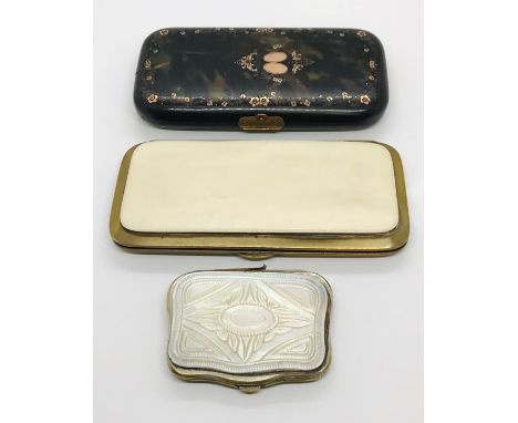 A Victorian tortoiseshell cigar case inlaid with rose gold (damage to reverse) along with a Victorian ivory Etui case and a s