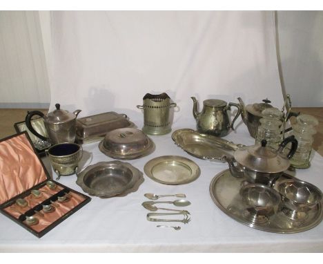 A collection of various silver plated items including a part tea service, trays, set of teaspoons etc