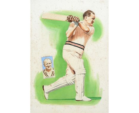 MIKE TARR Bill Alley batting with inset portrait vignette, watercolour, signed lower right, 52 x 36cm