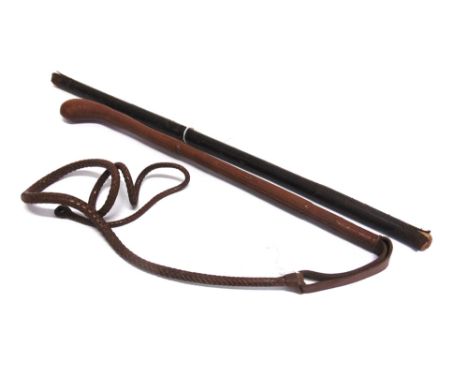 A LEATHER COVERED RIDING WHIP with plaited leash and a leather covered riding cane (2)