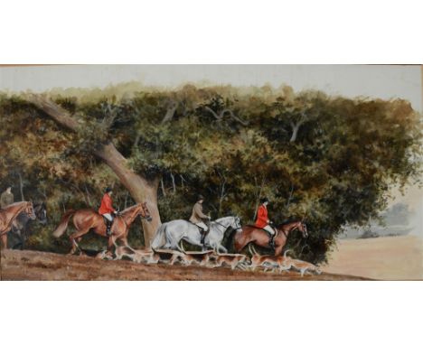 CAROLINE COOK 'Skirting the plough', hunting scene, watercolour, 26 x 49cm, with purchase note