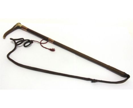 A LADY'S HUNT WHIP by 'Callow', with antler grip, twin gold collars, part leather and part plaited shaft and plaited leather 