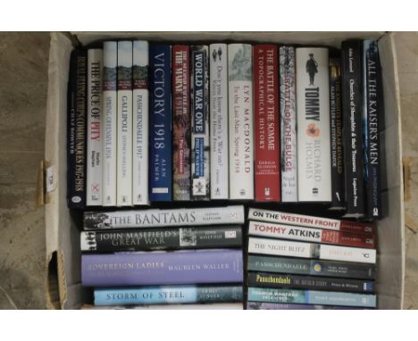 A box of mixed Militaria related books primarily First World War including 3 volumes of "The Seas of The First World War".