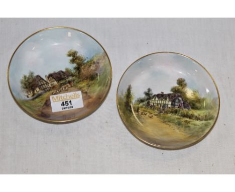 Two Royal Worcester rural hamlet scene decorated pin dishes, one entitled "Elmley" and the other" Cropthorne", each of dished