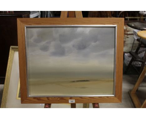 Tom Robb (b. 1933), acrylic on board, atmospheric seascape, signed lower right, in pine and metal coloured frame.  39.5 cm x 