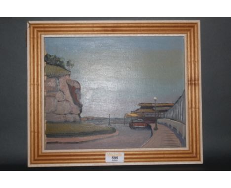 Oil painting on board, Mediterranean coastal road scene, Juan Montserrat label verso, 23 cm x 29 cm, within a reeded light wo
